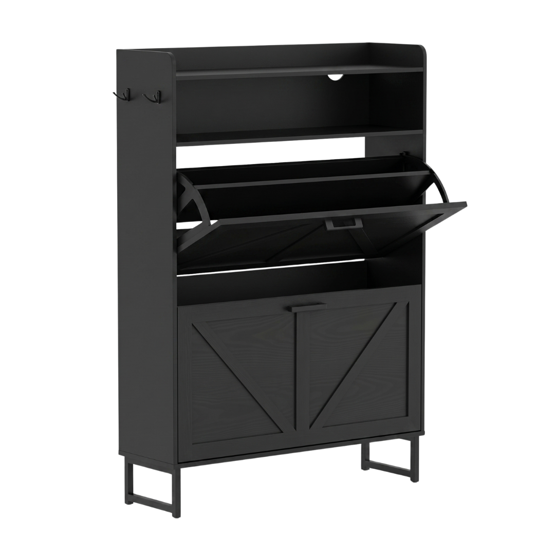Shoe Storage Unit with Two Flip Drawers, Top Shelf, and Side Hooks