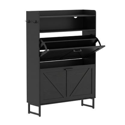 Shoe Storage Unit with Two Flip Drawers, Top Shelf, and Side Hooks