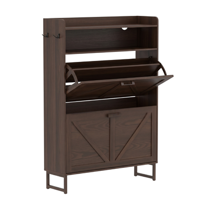 Shoe Storage Unit with Two Flip Drawers, Top Shelf, and Side Hooks