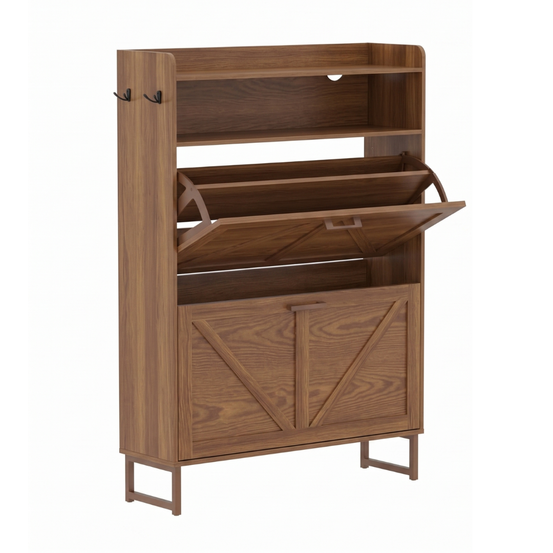 Shoe Storage Unit with Two Flip Drawers, Top Shelf, and Side Hooks