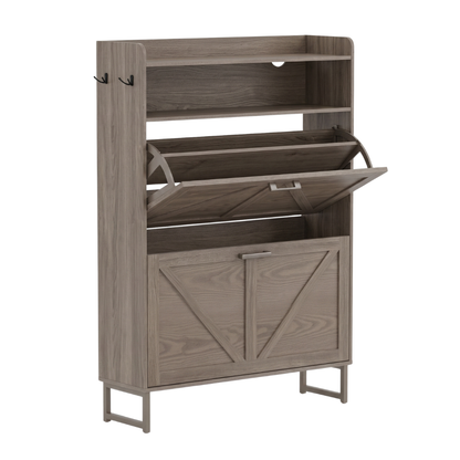 Shoe Storage Unit with Two Flip Drawers, Top Shelf, and Side Hooks