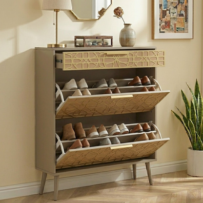 Shoe Storage Unit with Flip Compartments and Top Drawer