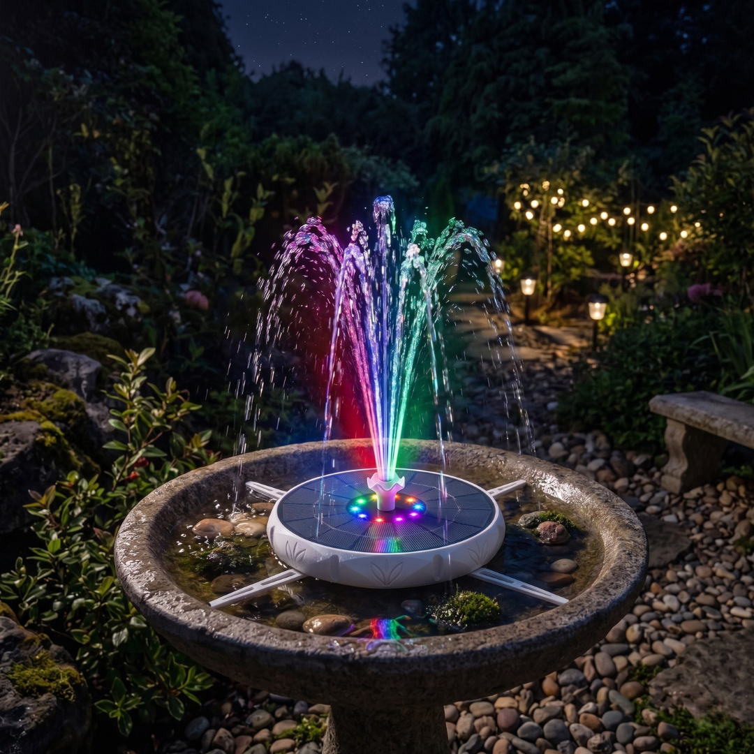 Bird Bath Fountain Powered by Solar Energy with LED Lights and Adjustable Spray