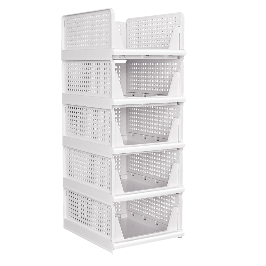 Set of 5 Foldable Storage Bins with Half Pull Rail for Closet Organization