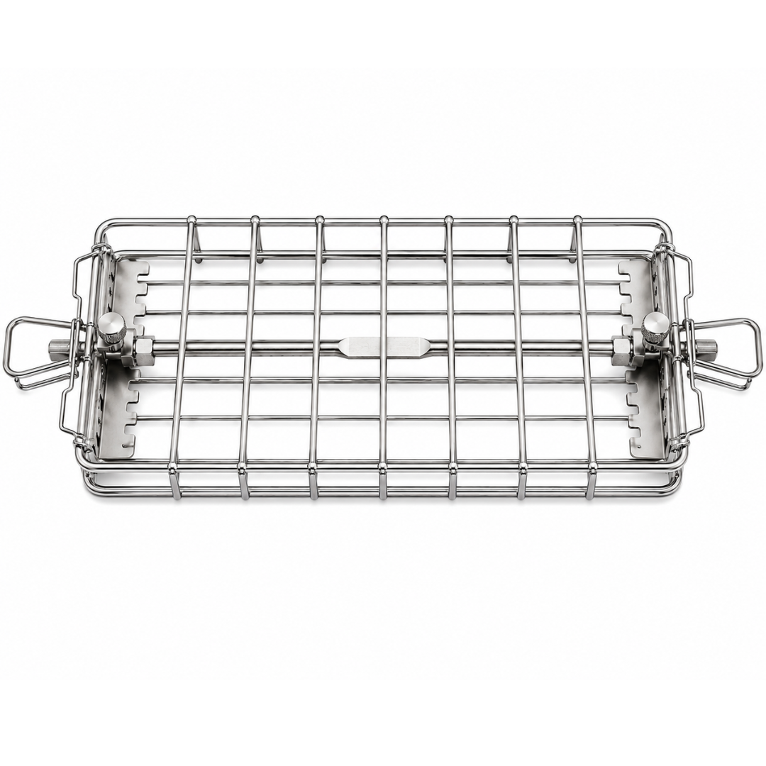 BBQ Rotisserie Basket in Stainless Steel for Various Spit Rod Sizes