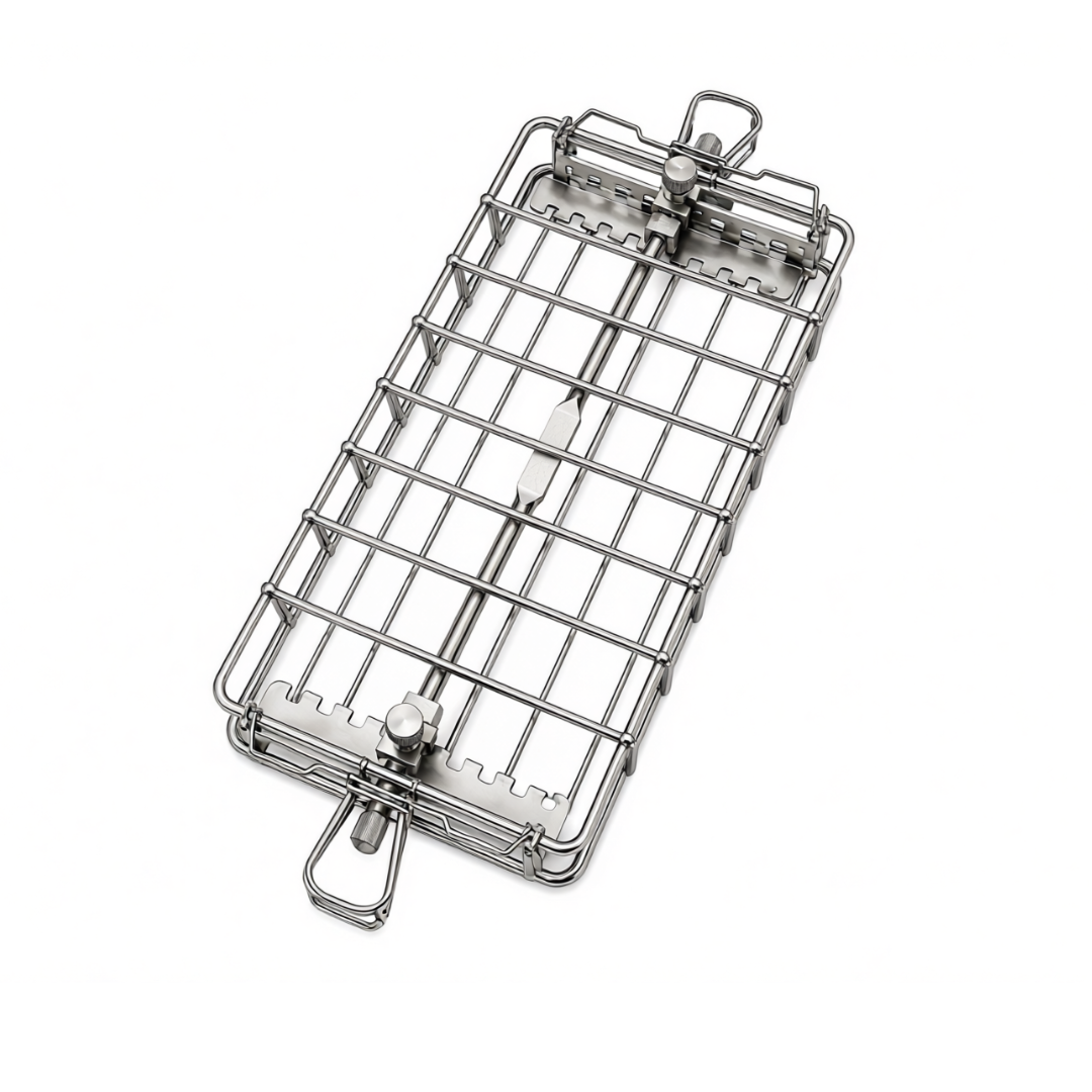 BBQ Rotisserie Basket in Stainless Steel for Various Spit Rod Sizes