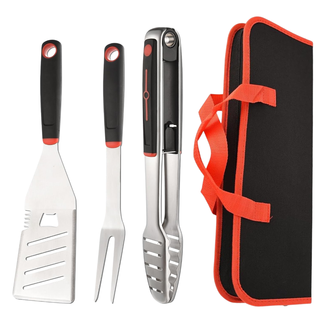 BBQ Tool Set in Stainless Steel with Spatula, Fork, Tongs & Storage Case
