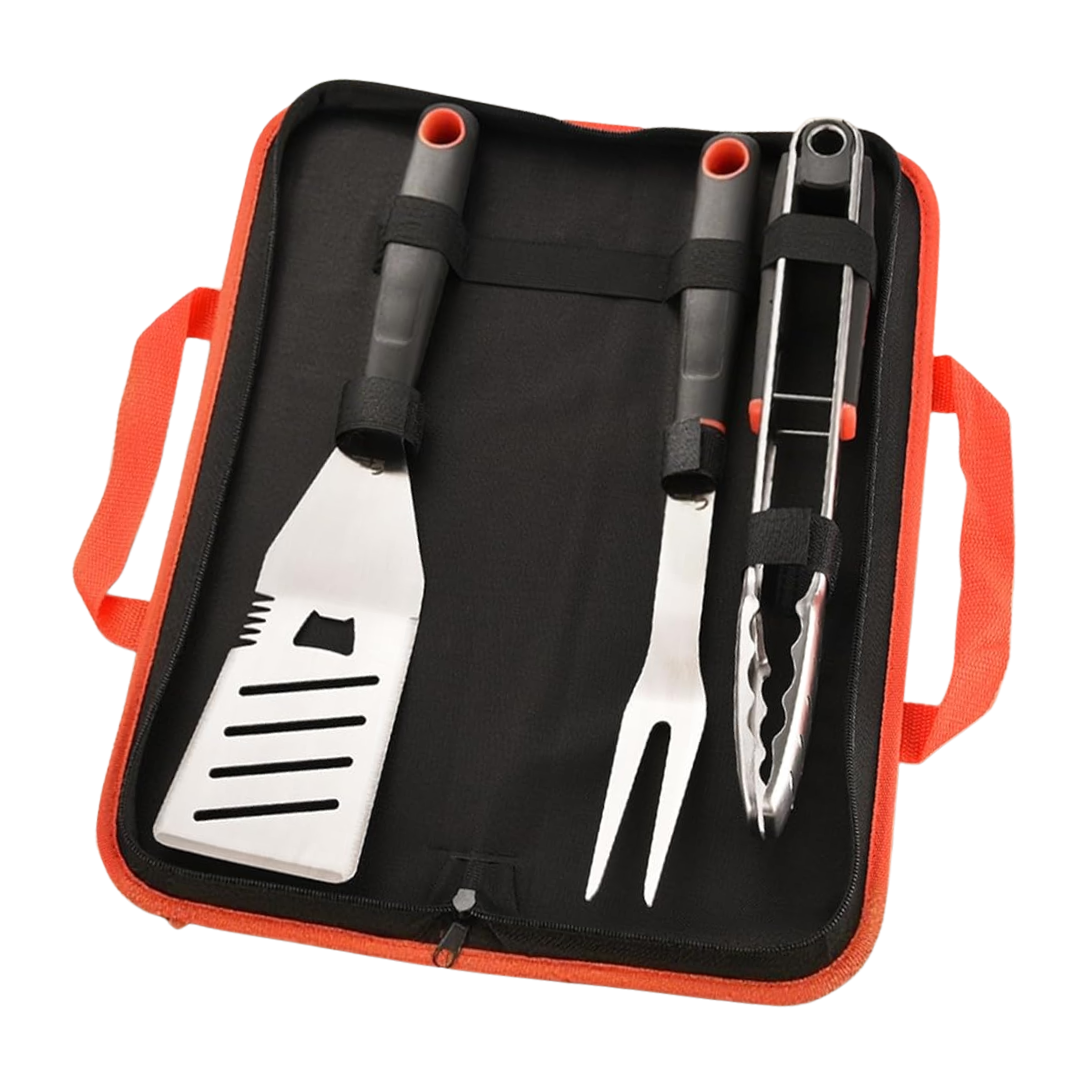 BBQ Tool Set in Stainless Steel with Spatula, Fork, Tongs & Storage Case