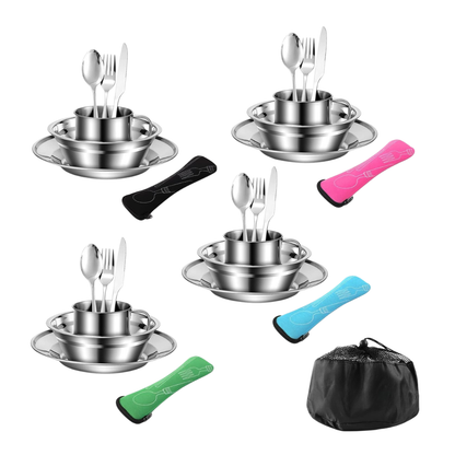 29-Piece Camping Dinnerware Set in Stainless Steel with Mesh Organizer
