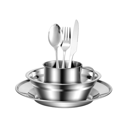 29-Piece Camping Dinnerware Set in Stainless Steel with Mesh Organizer