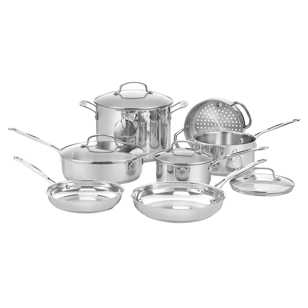 Cookware Set in Stainless Steel with Glass Lids and Uniform Heat Distribution