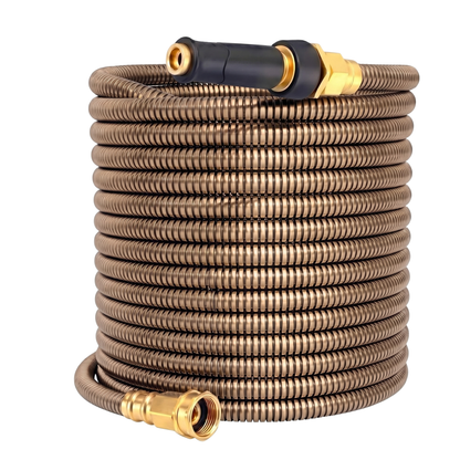 100 ft Metal Water Hose with Brass Nozzle – Stainless Steel Garden Hose