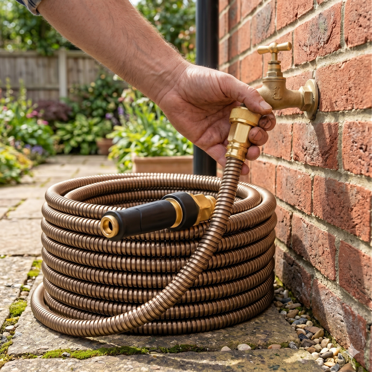 100 ft Metal Water Hose with Brass Nozzle – Stainless Steel Garden Hose