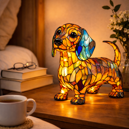 Artistic LED Table Lamp with Canine Stained Glass Design