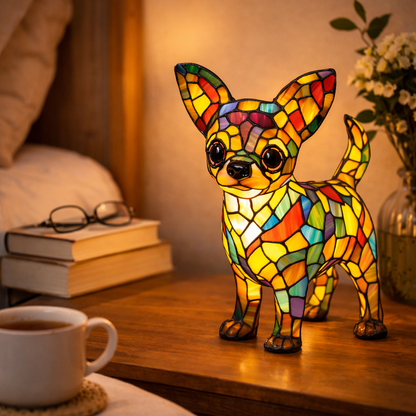 Artistic LED Table Lamp with Canine Stained Glass Design