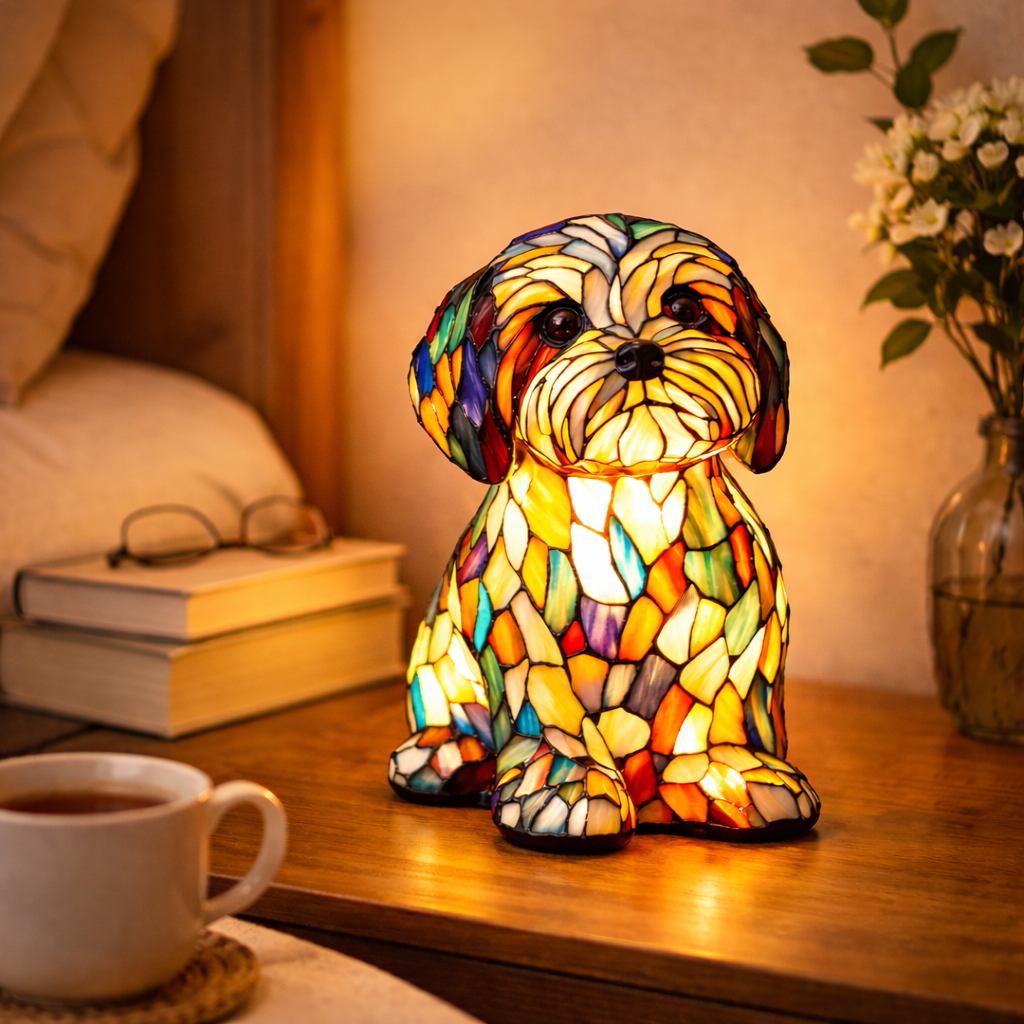 Artistic LED Table Lamp with Canine Stained Glass Design