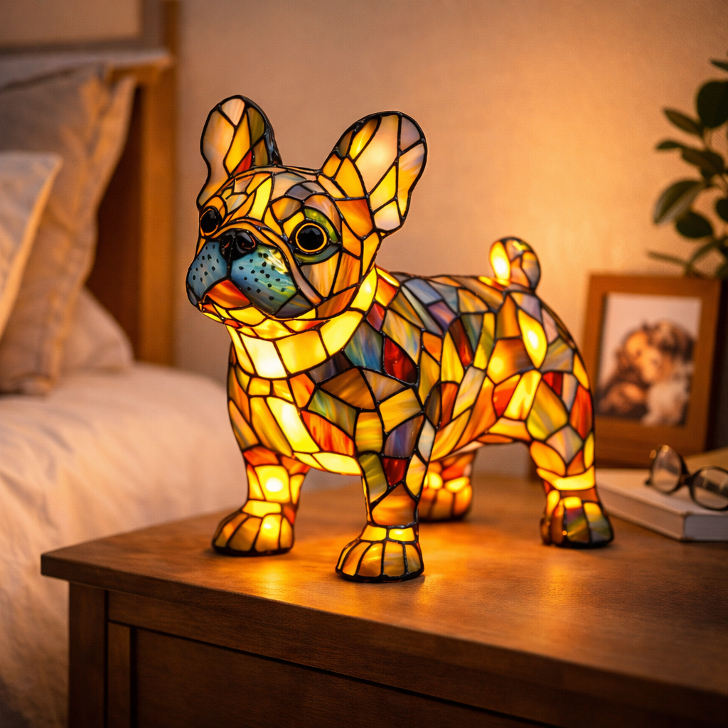 Artistic LED Table Lamp with Canine Stained Glass Design