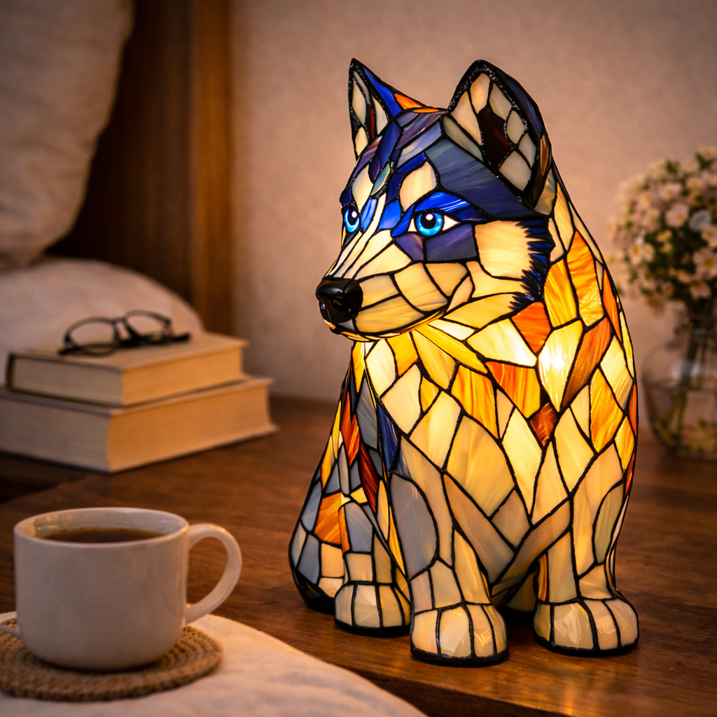Artistic LED Table Lamp with Canine Stained Glass Design