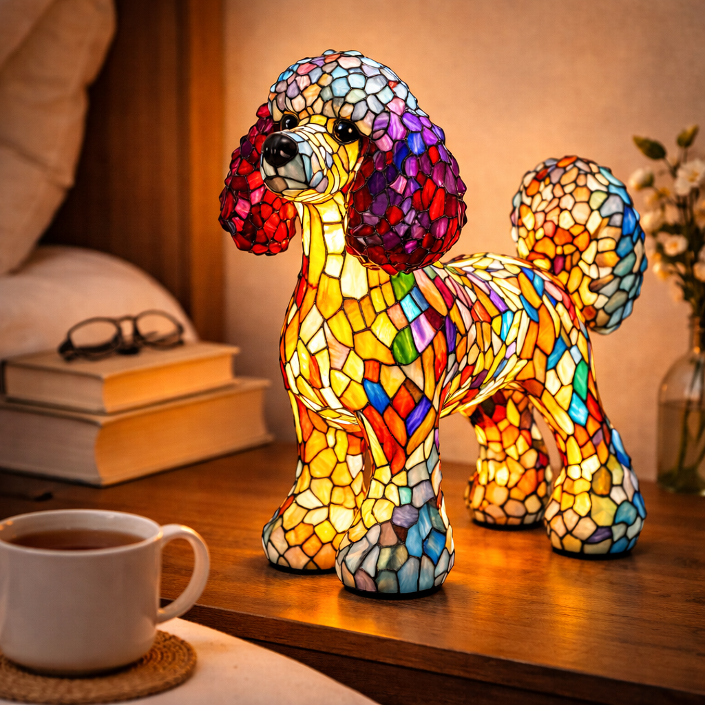 Artistic LED Table Lamp with Canine Stained Glass Design