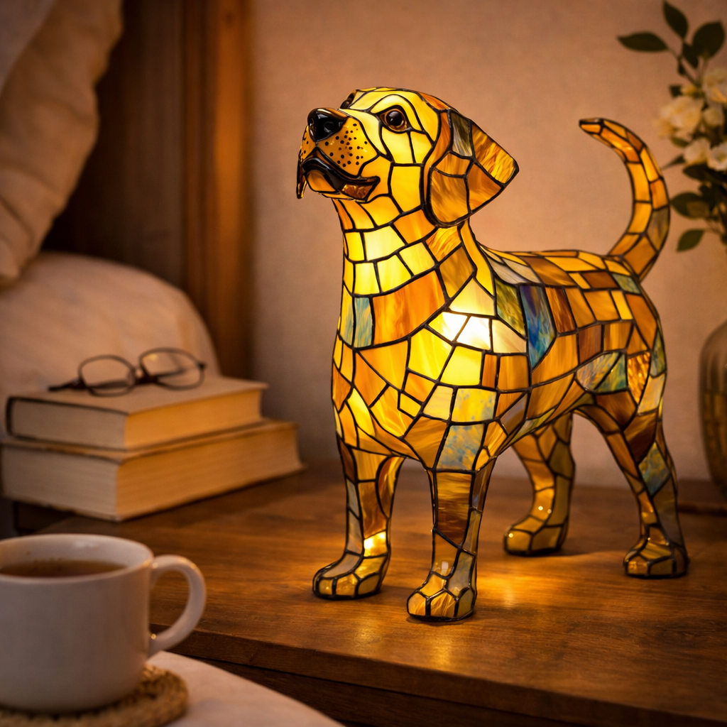 Artistic LED Table Lamp with Canine Stained Glass Design