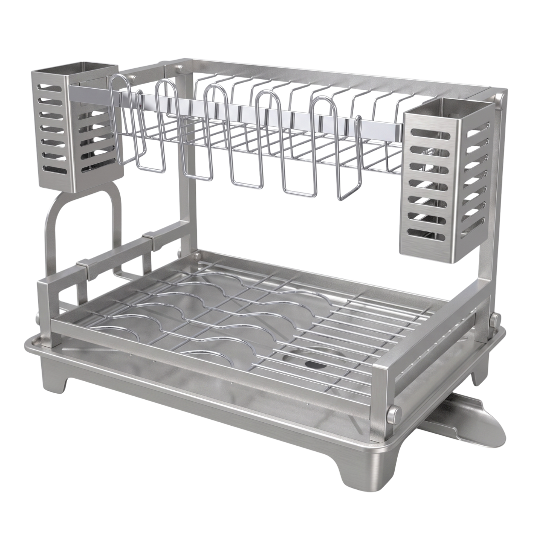 Dish Drying Rack with Two Tiers, Drainboard, and Utensil Holders