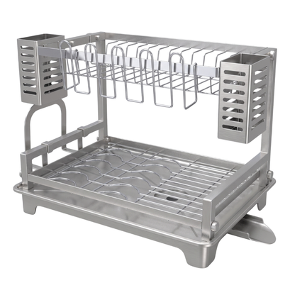 Dish Drying Rack with Two Tiers, Drainboard, and Utensil Holders