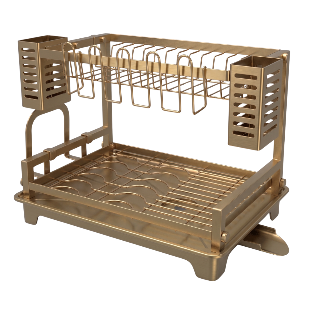 Dish Drying Rack with Two Tiers, Drainboard, and Utensil Holders