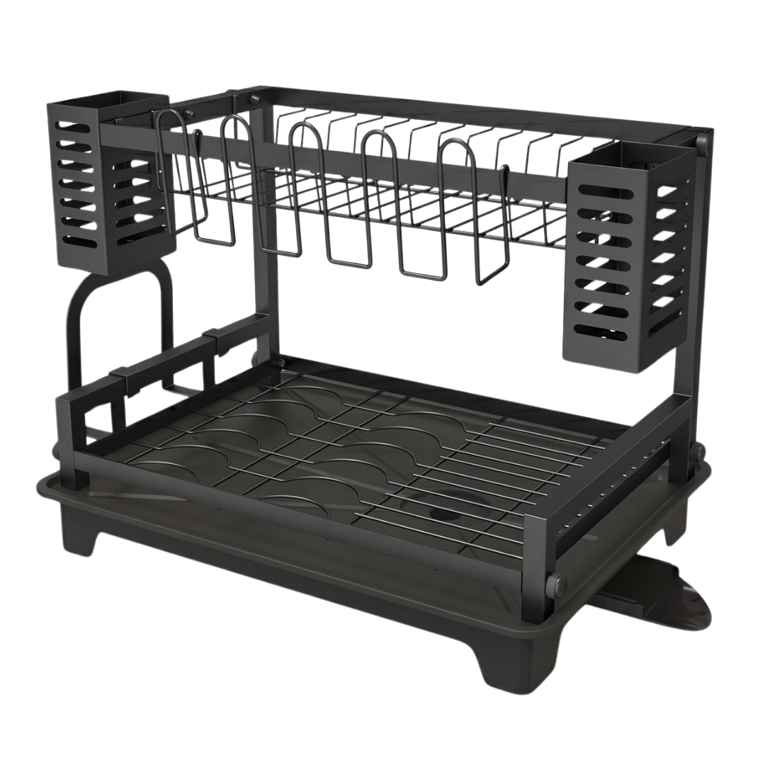 Dish Drying Rack with Two Tiers, Drainboard, and Utensil Holders