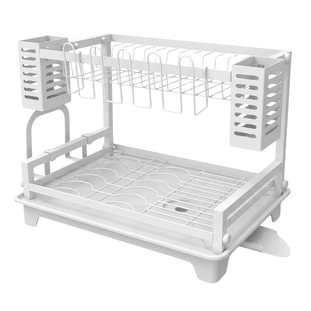 Dish Drying Rack with Two Tiers, Drainboard, and Utensil Holders