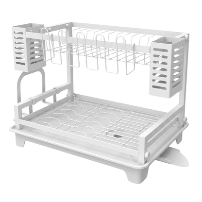 Dish Drying Rack with Two Tiers, Drainboard, and Utensil Holders