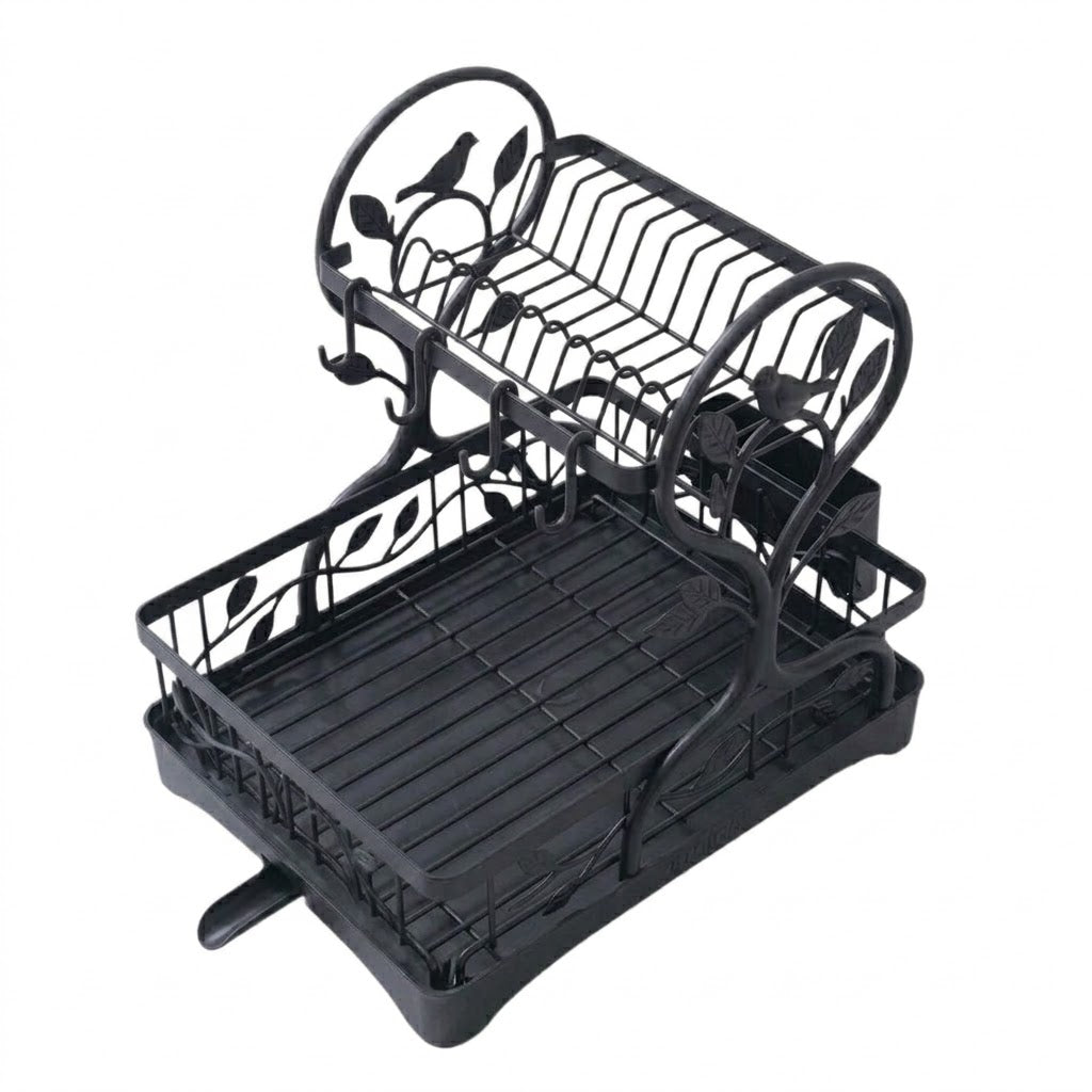 Metal Dish Drying Rack with Drain Board and Cup Holders – Two-Tier Design