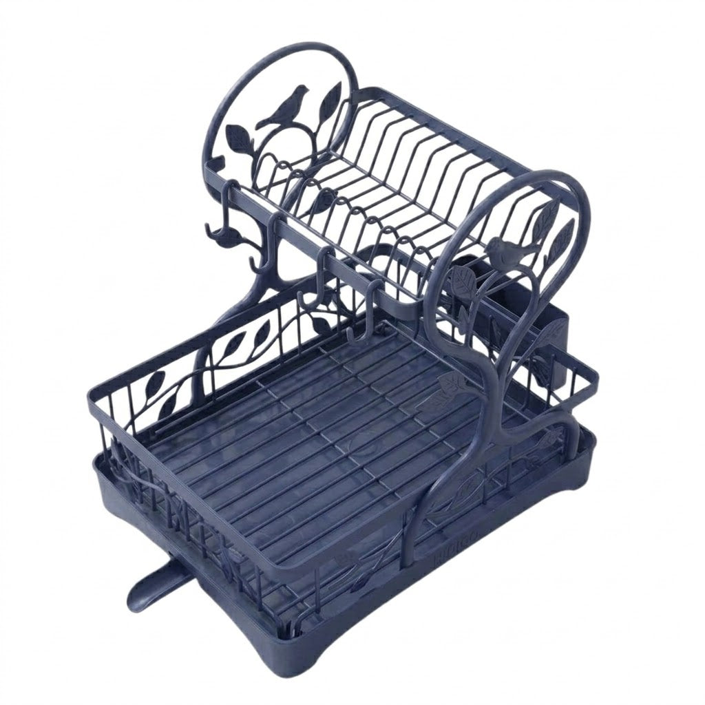 Metal Dish Drying Rack with Drain Board and Cup Holders – Two-Tier Design