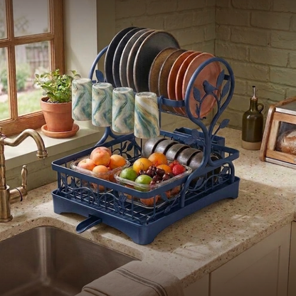 Metal Dish Drying Rack with Drain Board and Cup Holders – Two-Tier Design
