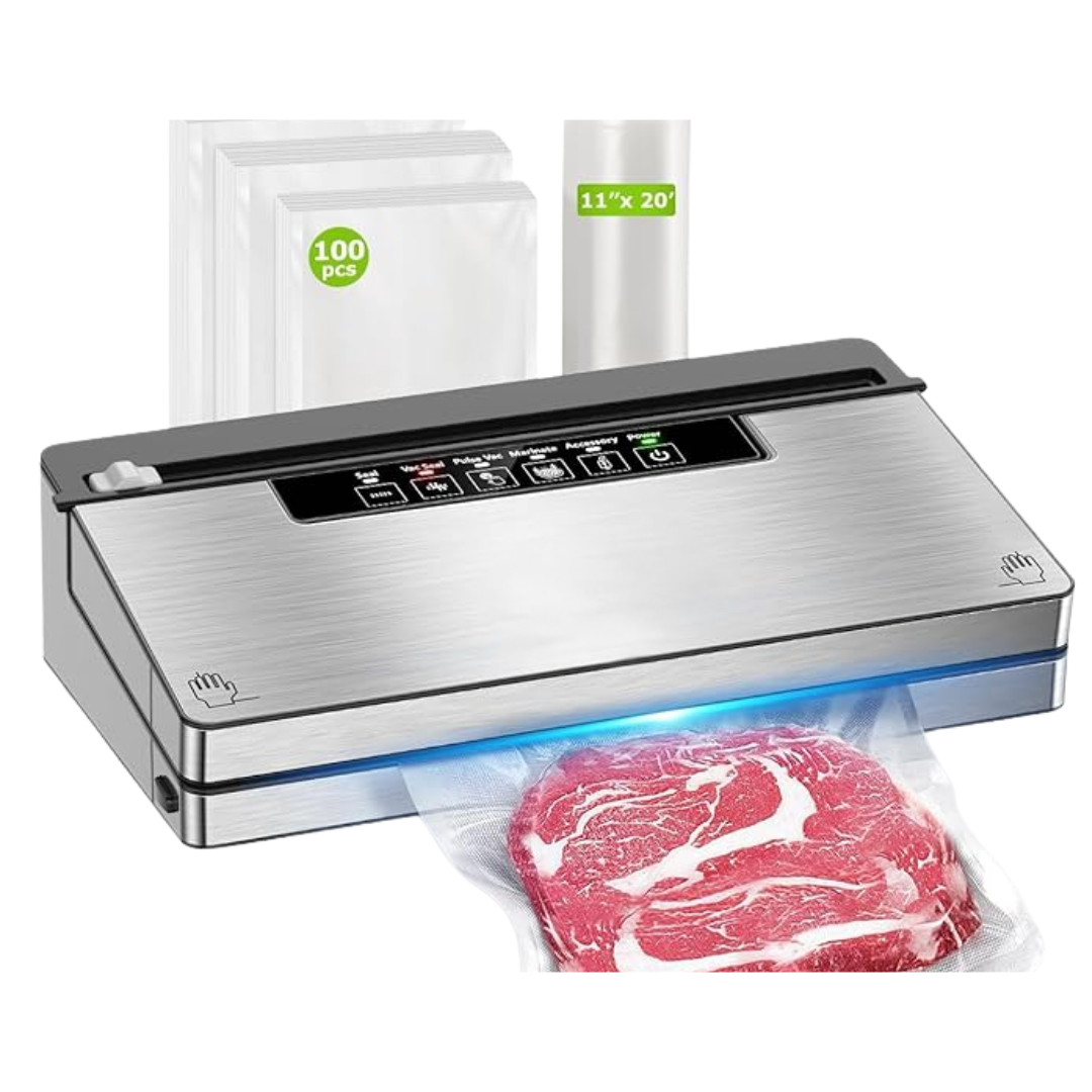 Stainless Steel Vacuum Sealing Device with Bags, Roll, and Cutter