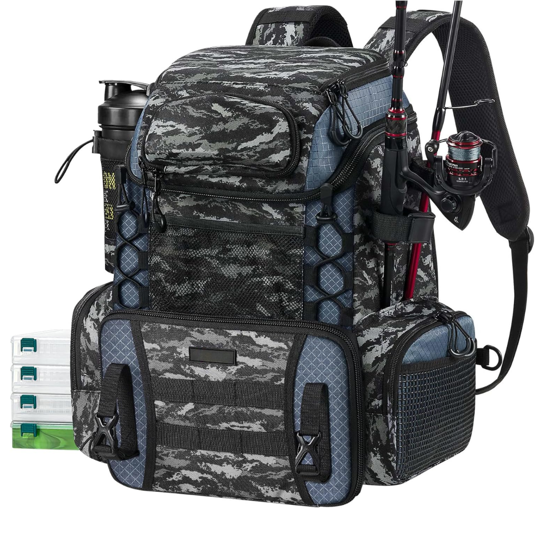 Fishing Backpack with Rod Holders and 4 Tackle Storage Boxes - Water-Resistant