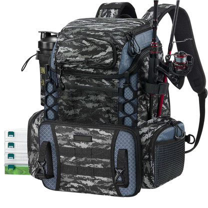 Fishing Backpack with Rod Holders and 4 Tackle Storage Boxes - Water-Resistant