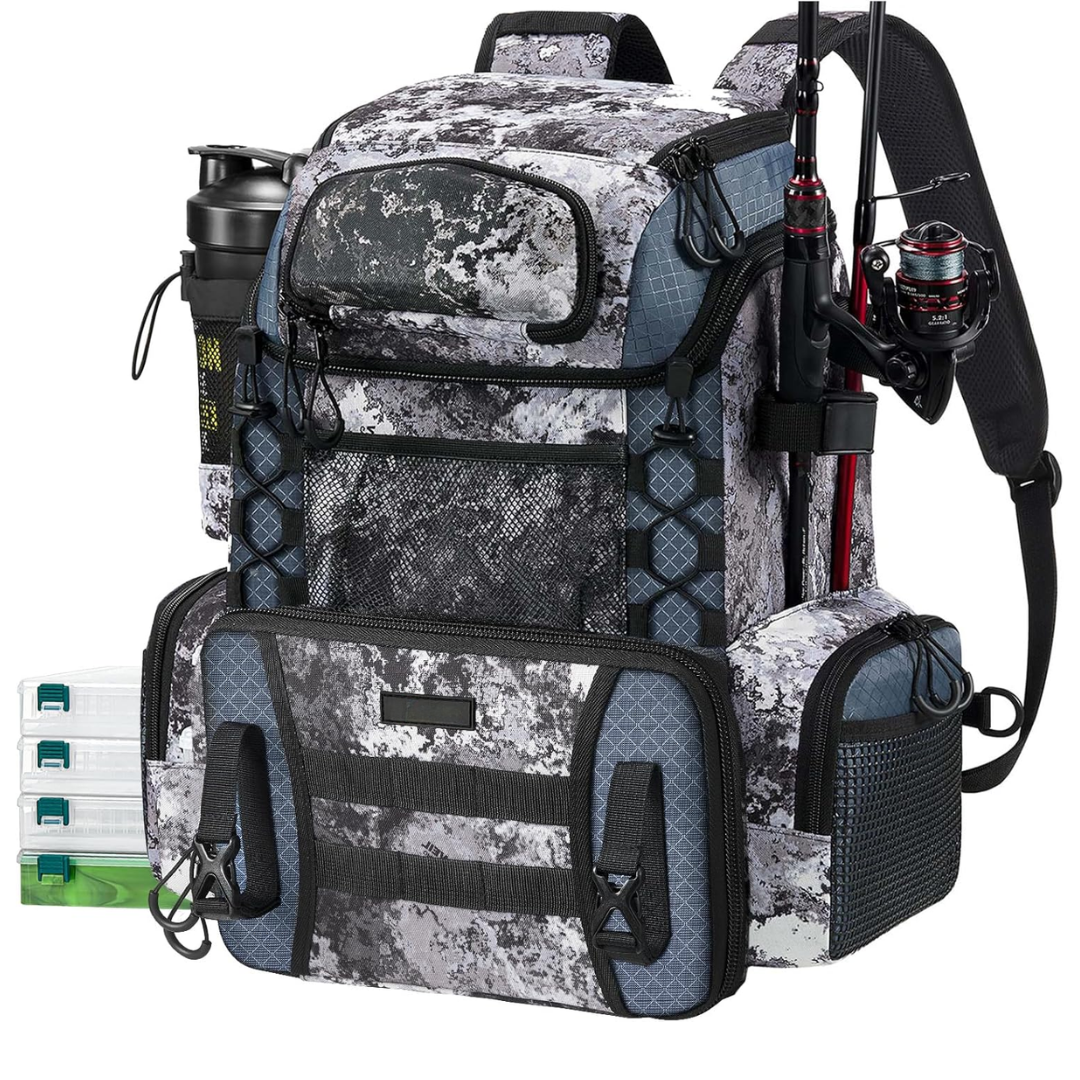 Fishing Backpack with Rod Holders and 4 Tackle Storage Boxes - Water-Resistant