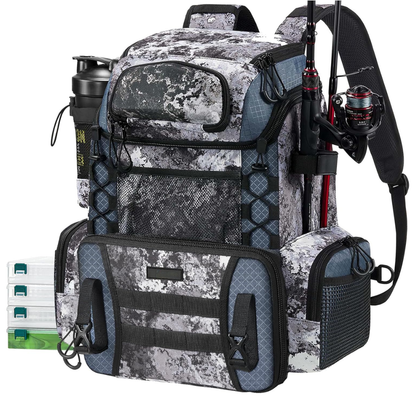 Fishing Backpack with Rod Holders and 4 Tackle Storage Boxes - Water-Resistant