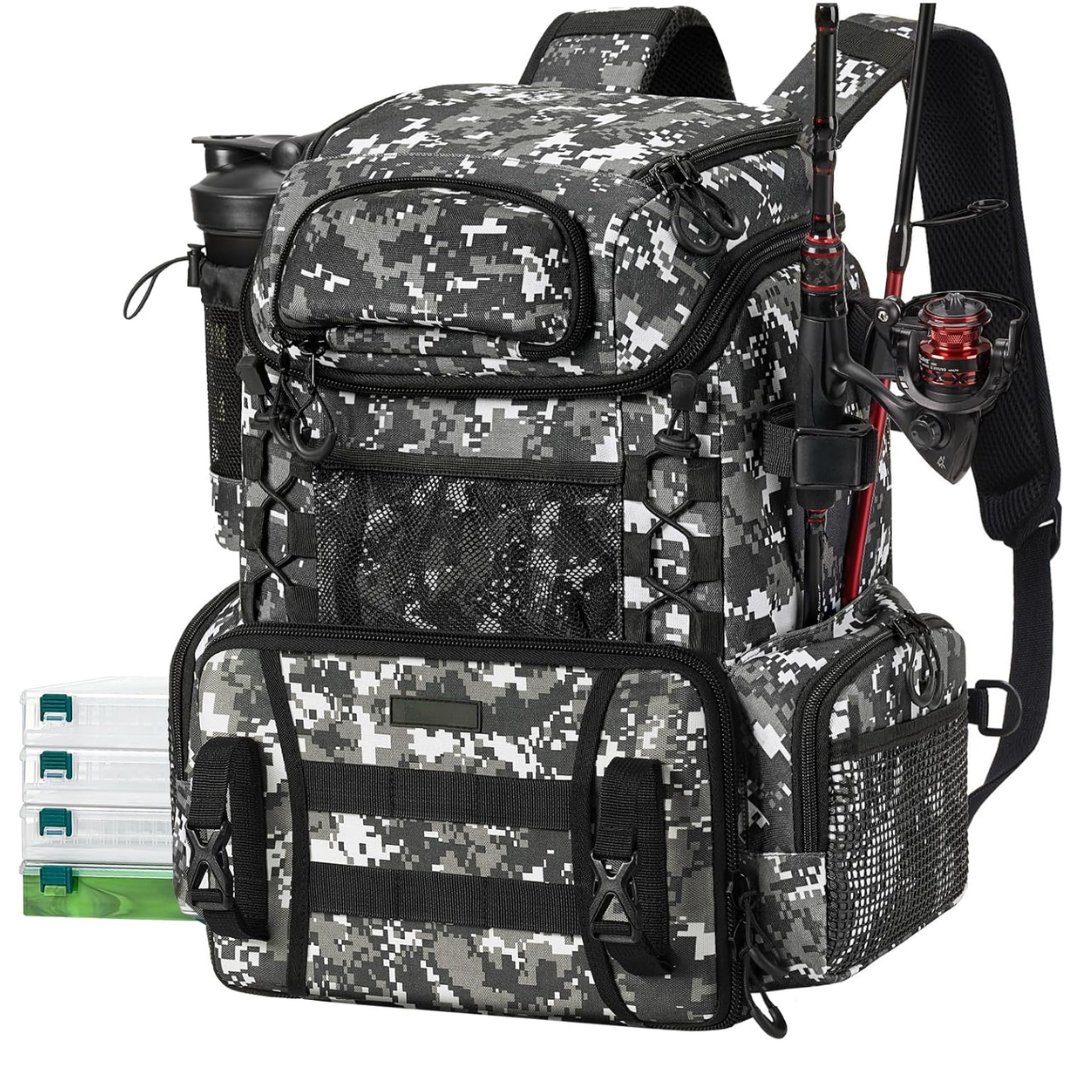 Fishing Backpack with Rod Holders and 4 Tackle Storage Boxes - Water-Resistant