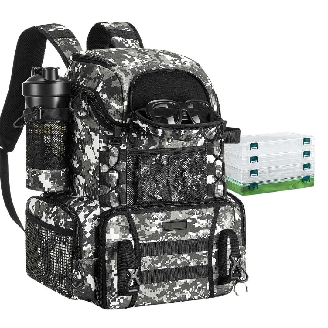 Fishing Backpack with Rod Holders and 4 Tackle Storage Boxes - Water-Resistant