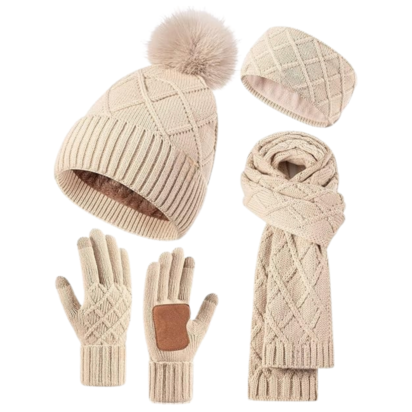 4-Piece Winter Accessories Set for Women: Hat, Scarf, Gloves, Headband in Oatmeal