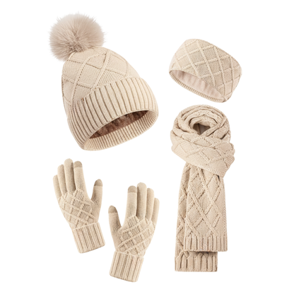 4-Piece Winter Accessories Set for Women: Hat, Scarf, Gloves, Headband in Oatmeal