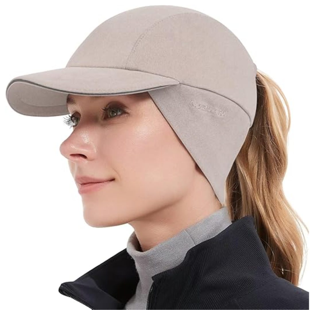 Ponytail Hat for Women with Fleece, Ear Warmer, and Reflective Details